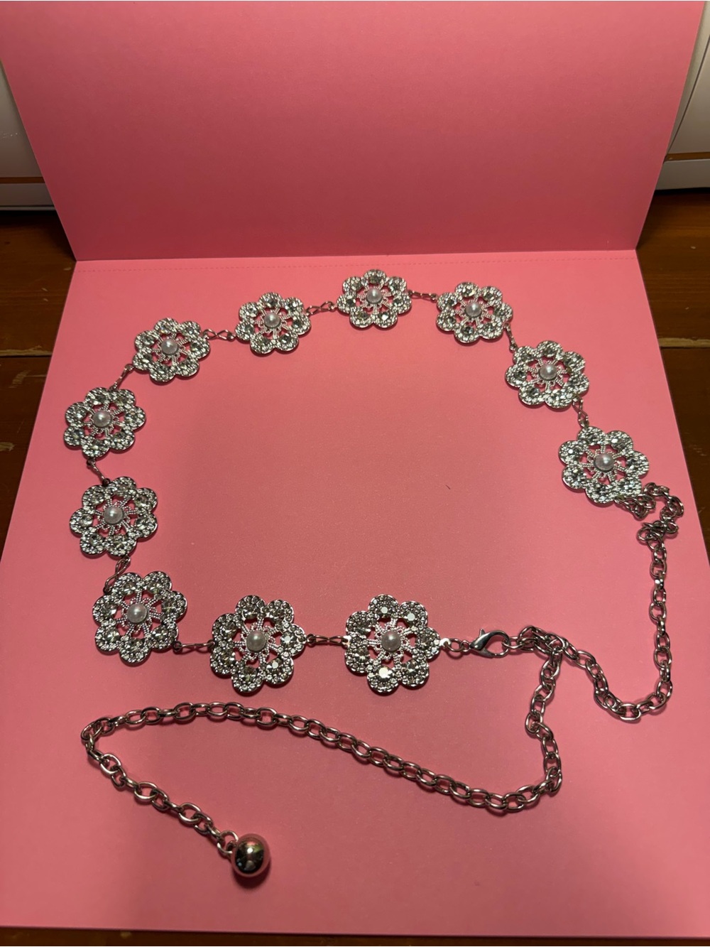 Silver Flower Chain Belt with Pearl Centers